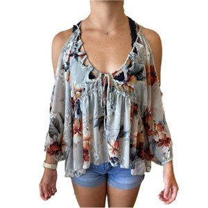 Unique blue with orange/rust floral cold-shoulder top